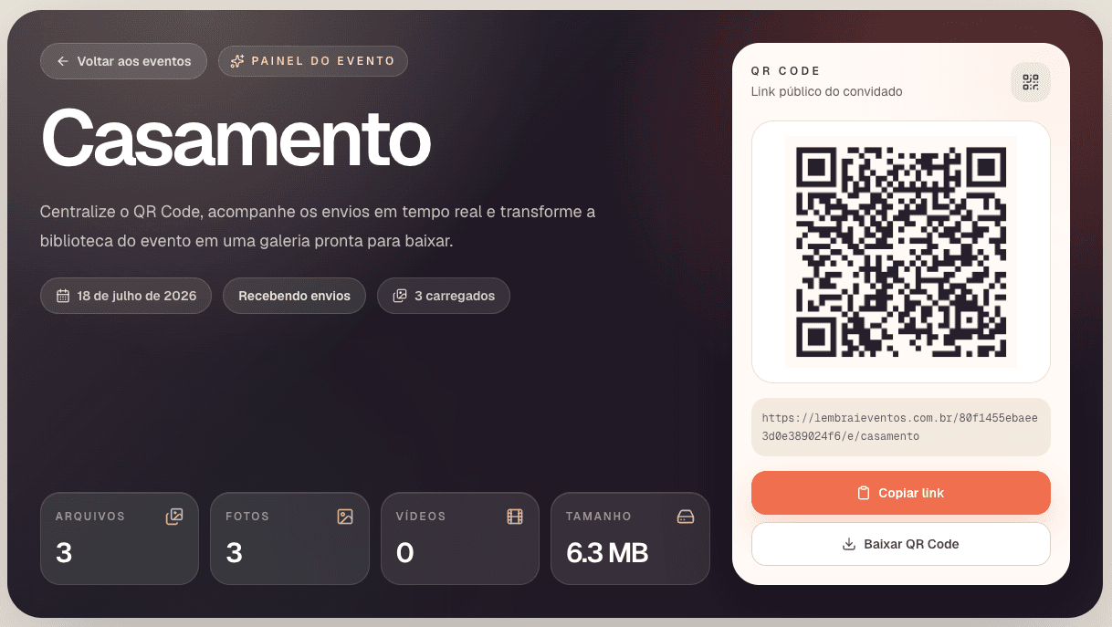 Prévia real do painel do organizador com QR Code do evento